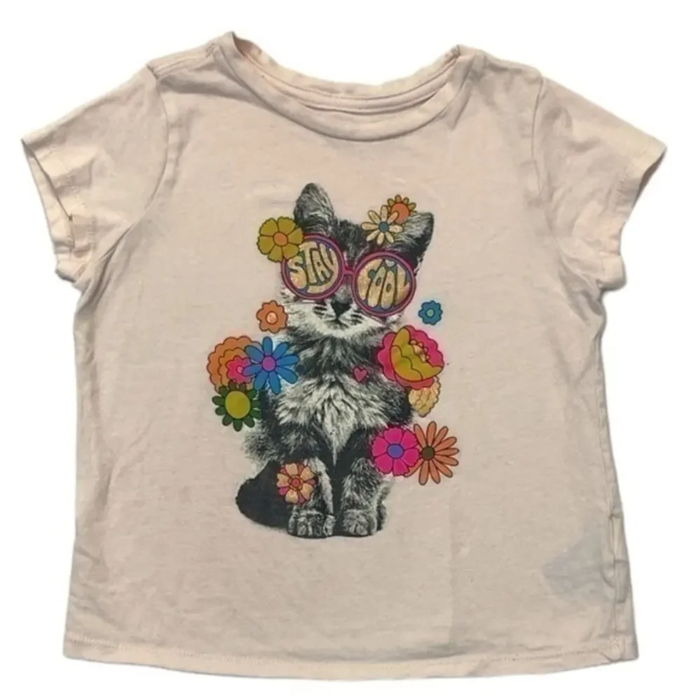 Old Navy Girls Cat Graphic T-Shirt Size 5 Stay Cool Sunglasses Kitty Tee